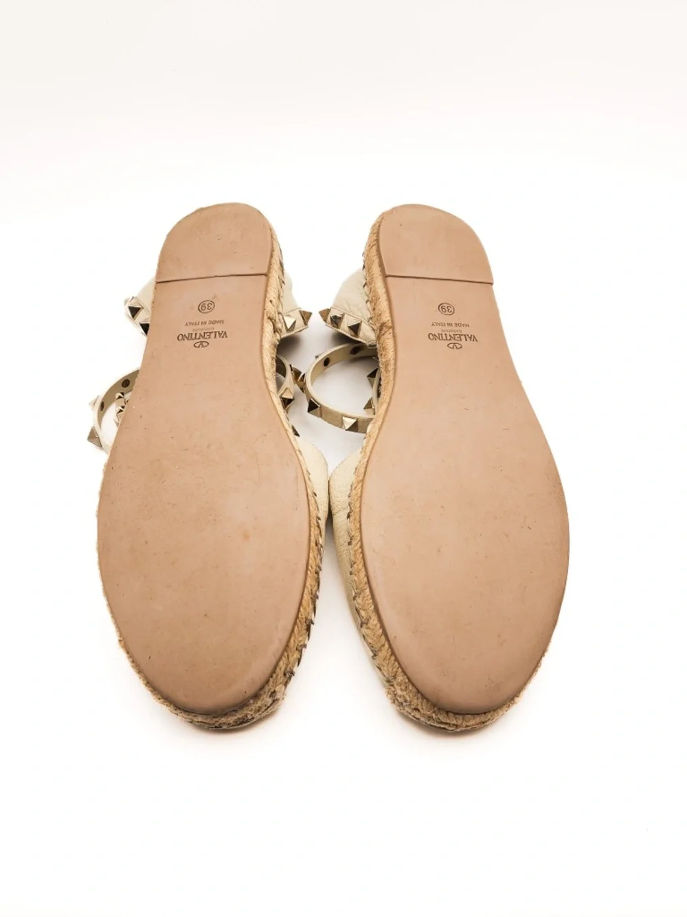 Valentino Garavani Rockstud Ivory Leather Espadrille Ankle Strap Flats EU 39